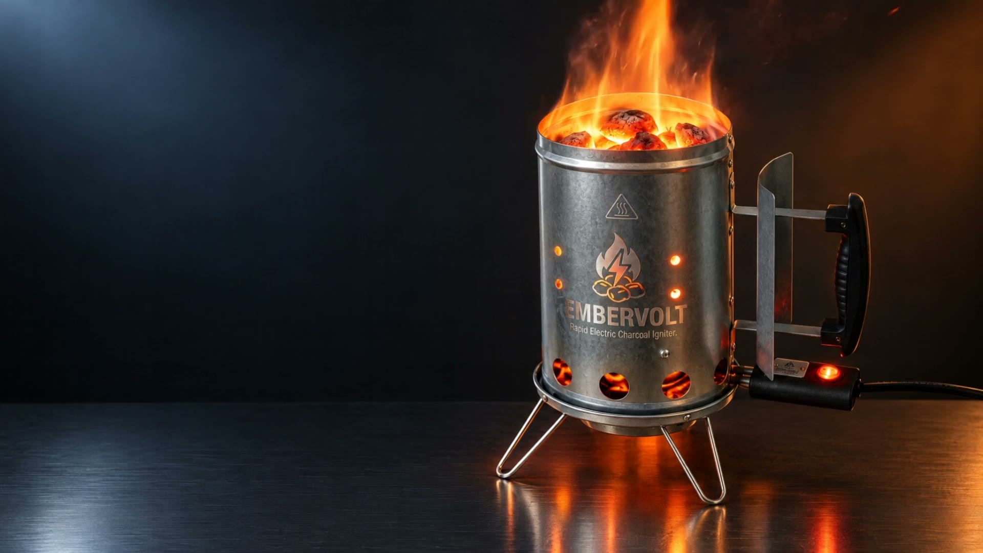 Embervolt electric charcoal chimney, coals glowing and flames at the rim